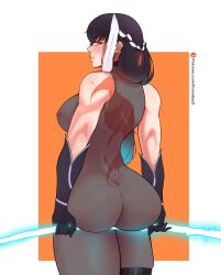 Rule 34 | 1girl, absurdres, artist name, ass, ass support, bodysuit, braid, breasts, choker, commission, fraankyy, from behind, gloves, highres, jewelry, large breasts, looking at viewer, looking back, muscular, nail polish, nipples, original, patreon logo, patreon username, ring, scar, scythe, solo, standing, tattoo, thigh strap, watermark, weapon, web address, wide hips