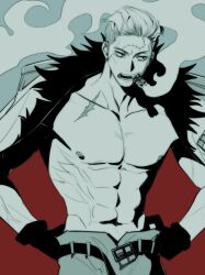 Rule 34 | 1boy, abs, cigar, dmmm i, hair slicked back, highres, jitte, male focus, mature male, muscular, muscular male, one piece, scar, smoke manipulation, smoker (one piece), smoking, solo, weapon