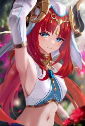 Rule 34 | 1girl, absurdres, arm up, armpits, blue eyes, blurry, blurry background, blush, breasts, closed mouth, crop top, detached sleeves, flower, forehead jewel, genshin impact, gold trim, highres, horns, long hair, looking at viewer, meginalter, navel, nilou (genshin impact), parted bangs, red hair, shirt, sideboob, signature, sleeveless, sleeveless shirt, smile, solo, stomach, twintails, upper body, veil, white headdress, white shirt