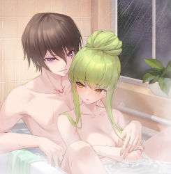 Rule 34 | 1boy, 1girl, alternate hairstyle, bathing, bathtub, blush, breasts, brown hair, c.c., chinese commentary, cleavage, code geass, collarbone, commentary request, completely nude, convenient arm, convenient censoring, green hair, hair between eyes, hair bun, hetero, highres, indoors, large breasts, lelouch vi britannia, long hair, looking back, mixed-sex bathing, nude, open mouth, orange eyes, partially submerged, plant, potted plant, purple eyes, shared bathing, short hair, sidelocks, single hair bun, sitting, v-shaped eyebrows, wet, window
