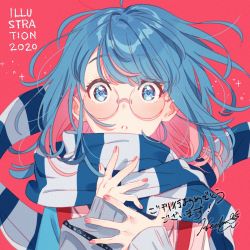 Rule 34 | 1girl, 2020, aqua eyes, blue hair, colored inner hair, heart, heart-shaped pupils, hechima (issindotai), illustration.media, long sleeves, looking at viewer, multicolored hair, original, parted lips, pink hair, red background, scarf, solo, striped clothes, striped scarf, symbol-shaped pupils, two-tone hair, upper body