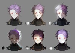Rule 34 | 1boy, absurdres, black jacket, black shirt, chinese commentary, commentary request, covered collarbone, grey background, highres, jacket, kyoko (akakikyoko), lighting practice, male focus, open clothes, open jacket, purple hair, red eyes, saibou shinkyoku, shirt, short hair, simple background, smile, theodore riddle, turtleneck, turtleneck shirt, variations