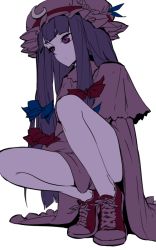 Rule 34 | 1girl, bow, crescent, crescent hair ornament, hair bow, hair ornament, hat, long hair, looking to the side, patchouli knowledge, purple eyes, purple hair, purple theme, shoes, simple background, sneakers, solo, squatting, thighs, thupoppo, touhou, white background