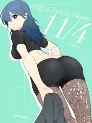 Rule 34 | 1girl, aqua background, ass, black shorts, blue eyes, blue hair, breasts, brown pantyhose, byleth (female) (fire emblem), byleth (fire emblem), copyright name, dated, fire emblem, fire emblem: three houses, from behind, ijiro suika, lace, lace-trimmed legwear, lace trim, looking back, medium breasts, medium hair, nintendo, pantyhose, pantyhose under shorts, short shorts, shorts, simple background, solo