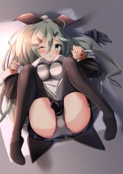 Rule 34 | 1girl, ass, commentary request, detached sleeves, from above, green eyes, green hair, hair between eyes, hair ornament, hair ribbon, hairclip, highres, kantai collection, long hair, looking at viewer, looking up, mochiyuki, panties, parted lips, pleated skirt, ribbon, school uniform, serafuku, skirt, solo, thighs, underwear, white panties, yamakaze (kancolle)
