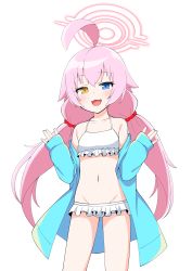 Rule 34 | 1girl, :d, ahoge, bare shoulders, bikini, blue archive, blue eyes, blue jacket, blush, commentary request, frilled bikini, frills, groin, hair bobbles, hair ornament, halo, hands up, heterochromia, highres, hoshino (blue archive), hoshino (swimsuit) (blue archive), jacket, kirisame mia, long hair, long sleeves, low twintails, navel, off shoulder, open clothes, open jacket, open mouth, simple background, sleeves past wrists, smile, solo, standing, swimsuit, twintails, very long hair, white background, yellow eyes
