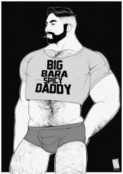 Rule 34 | 1boy, abs, arm hair, bara, beard, bulge, chest hair, dad shirt, doctor anfelo, facial hair, greyscale, hairy, highres, large pectorals, leg hair, looking to the side, male focus, mature male, midriff, monochrome, muscular, muscular male, navel hair, original, pectorals, reaching, reaching towards viewer, shirt, short hair, short shorts, shorts, solo, standing, strongman waist, t-shirt, thick eyebrows, thick thighs, thighs