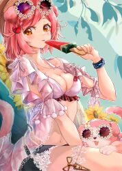 Rule 34 | 1girl, :p, absurdres, animal, animal ears, arknights, bikini, blue shorts, blush, bracelet, breasts, cat, cat ears, cat girl, cat tail, cleavage, eyewear on head, floppy ears, flower, food, food-themed hair ornament, goldenglow (arknights), goldenglow (summer flowers) (arknights), hair ornament, highres, holding, holding food, holding ice cream, ice cream, infection monitor (arknights), jewelry, large breasts, looking at viewer, navel, pink hair, popsicle, round eyewear, shengyuan 03, short hair, shorts, sitting, solo, stomach, sunglasses, swimsuit, tail, tongue, tongue out, watermelon bar, watermelon hair ornament, white bikini, yellow eyes, yellow flower