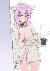 Rule 34 | 1girl, animal ear fluff, animal ears, bdsm, black collar, blush, breasts, cat ears, cat girl, closed mouth, collar, commentary request, covered erect nipples, cup, highres, holding, holding cup, hololive, large breasts, light purple hair, long sleeves, looking at viewer, messy hair, mug, naked shirt, nekomata okayu, nekomata okayu (oversized shirt), nipples, open clothes, pink hair, purple eyes, see-through, shirt, short hair, simple background, slave, solo, steam, urokong, virtual youtuber, white shirt