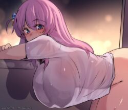 1girl backlighting bent_over blush bocchi_the_rock! bottomless breasts cube_hair_ornament dot_nose gotoh_hitori hair_between_eyes hair_ornament hanging_breasts highres hinghoi huge_breasts leaning_forward long_hair looking_at_viewer naked_shirt no_bra one_side_up pink_hair see-through_clothes see-through_shirt see-through_silhouette shirt shirt_overhang short_sleeves silhouette solo sweatdrop