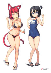 Rule 34 | 2girls, animal ears, bikini, black hair, blue eyes, blunt bangs, breasts, cat ears, cat tail, character request, cleavage, collarbone, flip-flops, fox ears, glasses, hair between eyes, heart, highres, korean text, large breasts, looking at viewer, mouth hold, multiple girls, name tag, navel, newey, one-piece swimsuit, open mouth, ponytail, red hair, sandals, school swimsuit, short hair, sign, signature, simple background, slit pupils, small breasts, standing, swimsuit, tail, white background, yellow eyes