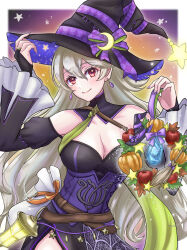 Rule 34 | 1girl, absurdres, bare shoulders, belt, black dress, black hat, blush, breasts, brown belt, cleavage, commentary, corrin (female) (fire emblem), corrin (female) (halloween) (fire emblem), corrin (fire emblem), crossed belts, detached sleeves, dress, earrings, english commentary, fingernails, fire emblem, fire emblem fates, fire emblem heroes, grey hair, hair between eyes, halloween, halloween costume, hat, highres, jewelry, kousetu0506, long hair, looking at viewer, medium breasts, nintendo, official alternate costume, pointy ears, purple nails, red eyes, smile, solo, witch, witch hat