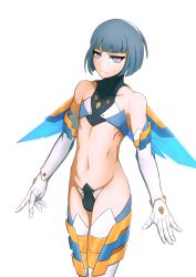 Rule 34 | 1boy, absurdres, bare shoulders, blue eyes, blue hair, blunt bangs, bob cut, bulge, covered collarbone, cowboy shot, crotch plate, deadslot4, highres, light smile, looking at viewer, male focus, mechanical wings, navel, original, revealing clothes, short hair, simple background, solo, standing, thighhighs, trap, wings