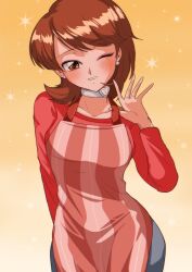 Rule 34 | 1girl, apron, blue pants, blush, breasts, brown eyes, brown hair, choker, collarbone, cowboy shot, earrings, eyelashes, gradient background, hand up, highres, jewelry, looking at viewer, medium breasts, medium hair, official alternate costume, one eye closed, pants, parted bangs, persona, persona 3, red apron, red shirt, shadow, shirt, solo, swept bangs, takeba yukari, white choker, yellow background, yuyuy 00