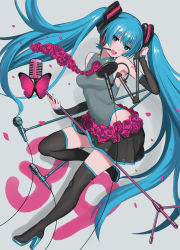 Rule 34 | 1girl, 39, absurdres, aqua eyes, aqua hair, aqua nails, bare shoulders, black skirt, black sleeves, black thighhighs, boots, bug, butterfly, commentary, contrapposto, detached sleeves, flower, flower neckwear, full body, grey background, grey shirt, hair ornament, hand up, hatsune miku, headphones, headset, high heels, highres, holding, holding microphone stand, insect, leg up, long hair, looking at viewer, microphone, microphone stand, miniskirt, nail polish, necktie, nishikino kee, open mouth, petals, pink butterfly, pink flower, pink rose, pleated skirt, pop filter, rose, shadow, shirt, shoulder tattoo, skirt, sleeveless, sleeveless shirt, smile, solo, tattoo, thigh boots, thighhighs, twintails, very long hair, vocaloid, waist cutout, zettai ryouiki