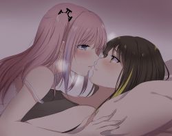 Rule 34 | 2girls, bad id, bad twitter id, bare shoulders, bed sheet, blue eyes, blush, brown eyes, brown hair, closed mouth, commentary request, embarrassed, face-to-face, girls&#039; frontline, green hair, grey shirt, hair between eyes, hair ornament, highres, imminent kiss, lips, long hair, looking at another, lying, lying on person, m4a1 (girls&#039; frontline), multicolored hair, multiple girls, on back, pink hair, purple hair, shirt, side ponytail, sidelocks, simple background, sleeveless, sleeveless shirt, st ar-15 (girls&#039; frontline), streaked hair, sui (camellia), sweat, yuri