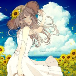 Rule 34 | 1girl, akakura, arm up, bare shoulders, blue eyes, blue sky, cloud, commentary request, day, dress, english text, field, flower, flower field, from behind, hat, hat flower, highres, light brown hair, long hair, looking back, open mouth, original, outdoors, sky, sleeveless, sleeveless dress, solo, straw hat, summer, sunflower, sunflower field, water, white dress