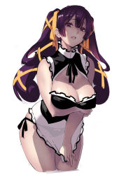 Rule 34 | 1girl, bare shoulders, bent over, black panties, breasts, cleavage, cleavage cutout, clothing cutout, covering privates, covering crotch, female focus, hair ribbon, holding own arm, large breasts, leaning forward, long hair, looking at viewer, maid, miniskirt, original, panties, parted lips, purple hair, red eyes, ribbon, sasaoka gungu, see-through, side-tie panties, simple background, skirt, skirt tug, solo, twintails, underwear, very long hair, white background