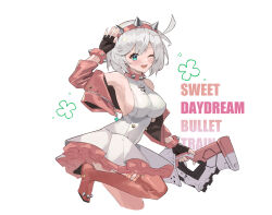 Rule 34 | 1girl, ahoge, aqua eyes, black gloves, blush, boots, bracelet, breasts, clover, collar, elphelt valentine, fingerless gloves, four-leaf clover, gloves, guilty gear, guilty gear strive, gun, hairband, highres, holding, holding gun, holding weapon, huge ahoge, jacket, jewelry, large breasts, long sleeves, looking at viewer, one eye closed, open mouth, pink footwear, pink hairband, pink jacket, short hair, sideboob, smile, spiked bracelet, spiked collar, spiked hairband, spikes, thigh boots, weapon, white hair, wuzhu nis