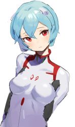 Rule 34 | 1girl, absurdres, arms behind back, ayanami rei, blue hair, bodysuit, breasts, closed mouth, evangelion: 3.0+1.0 thrice upon a time, expressionless, hair ornament, highres, interface headset, looking at viewer, medium breasts, neon genesis evangelion, plugsuit, rebuild of evangelion, red eyes, short hair, simple background, solo, t-lex, white bodysuit