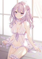 Rule 34 | 1girl, ahoge, babydoll, bare arms, bare shoulders, blush, breasts, cleavage, closed mouth, collarbone, commentary request, curtains, groin, hair intakes, long hair, looking at viewer, medium breasts, moe2021, navel, original, panties, petals, purin jiisan, purple eyes, purple hair, purple panties, side-tie panties, sitting, sitting in window, solo, two side up, underwear, underwear only, untied panties, window