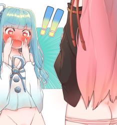 Rule 34 | !, !!, 2girls, ass, blue hair, blue ribbon, blunt bangs, blush, bottomless, brown eyes, butt crack, detached sleeves, drooling, full-face blush, groin, hair intakes, hair ribbon, hands on own face, hands up, heart, heart-shaped pupils, kotonoha akane, kotonoha aoi, long hair, long sleeves, looking at pussy, mouth drool, multiple girls, no pants, open mouth, out-of-frame censoring, panties, pink hair, ribbon, siblings, sisters, siwasunohige, striped clothes, striped panties, symbol-shaped pupils, underwear, voiceroid, yuri
