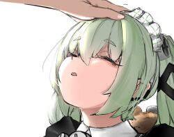 1girl 1other absurdres animal_bag bear_bag commentary corin_wickes english_commentary green_hair headpat highres long_hair maid maid_headdress open_mouth pov screw_hair_ornament simple_background twintails weebchair white_background zenless_zone_zero