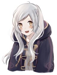 Rule 34 | 1girl, bad id, bad pixiv id, bad twitter id, blush, brown eyes, brown gloves, closed mouth, collarbone, eyelashes, fire emblem, fire emblem awakening, gloves, grey hair, hand up, highres, hood, hood down, hooded robe, jiro baji, long hair, looking at viewer, nintendo, non-web source, parted bangs, purple robe, robe, robin (female) (fire emblem), robin (fire emblem), simple background, solo, swept bangs, twintails, upper body, white background, wide sleeves