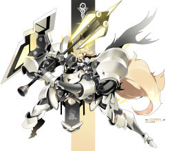 Rule 34 | 1girl, absurdres, animal ear fluff, animal ears, arknights, armor, blonde hair, breastplate, character name, commentary request, hair between eyes, headset, highres, holding, holding weapon, horse ears, long hair, looking at viewer, mecha, nearl (arknights), orange eyes, robot, shinnasuka025, shoulder armor, sidelocks, solo, weapon, white background