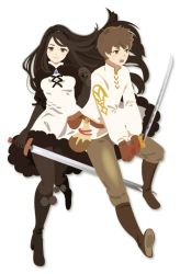 Rule 34 | 1boy, 1girl, agnes oblige, black gloves, black hair, bravely default (series), breasts, brown eyes, brown hair, closed mouth, dress, gloves, hairband, long hair, looking at viewer, open mouth, pantyhose, simple background, smile, sword, tiz arrior, weapon, white background