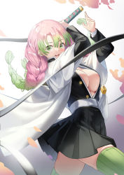 Rule 34 | 1girl, :d, absurdres, blush, breasts, center opening, coat, green eyes, green thighhighs, highres, holding, holding sword, holding weapon, kanroji mitsuri, katana, kimetsu no yaiba, kimyo, large breasts, looking at viewer, military, military uniform, mole, mole under eye, open clothes, open coat, open mouth, pink hair, pleated skirt, skirt, smile, solo, sword, thighhighs, twintails, unbuttoned, uniform, weapon