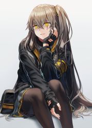 Rule 34 | 1girl, bag, black gloves, black pantyhose, brown hair, girls&#039; frontline, gloves, hand on head, jacket, long hair, looking at viewer, miniskirt, open mouth, pantyhose, scar, silence girl, sitting, sitting on lap, sitting on person, skirt, solo, tagme, thigh strap, ump45 (girls&#039; frontline), white background, yellow eyes