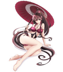 Rule 34 | 10s, 1girl, absurdly long hair, ajo (rolan666), breasts, brown eyes, brown hair, cleavage, female focus, hair ornament, kantai collection, kantai collection (anime), large breasts, long hair, oil-paper umbrella, ponytail, simple background, solo, swimsuit, umbrella, very long hair, yamato (kancolle)