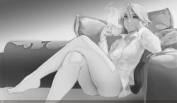 Rule 34 | 1girl, bad anatomy, barefoot, breasts, coffee, commentary, commission, couch, crossed legs, cup, dress shirt, english commentary, artistic error, fiona vesterburg, greyscale, hair between eyes, head rest, legs, light smile, looking at viewer, medium hair, monochrome, naftosaur, naked shirt, on couch, original, pillow, pinky out, reversed feet, reversed foot, shirt, sitting, sketch, small breasts, solo, steam