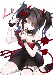 Rule 34 | 1girl, alternate costume, ame-chan (needy girl overdose), bare shoulders, black eyes, black hair, black nails, breasts, cleavage, demon horns, demon tail, demon wings, dress, frills, hair ornament, hair over one eye, hair tie, hairclip, hand mirror, highres, holding, holding mirror, horns, jewelry, lemonpie, lipstick, looking at mirror, makeup, medium breasts, mirror, multicolored nails, necklace, needy girl overdose, pink lips, pleated skirt, red nails, ring, simple background, sitting, skirt, solo, tail, twintails, white background, wings, x hair ornament