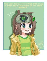 Rule 34 | 1girl, :d, artist name, blue eyes, border, brown hair, cauldron, commentary, drawstring, english commentary, english text, freckles, frog, girutea, green background, green eyes, hair bobbles, hair ornament, hat, highres, indie virtual youtuber, jacket, lily hopkins, multicolored eyes, open clothes, open jacket, open mouth, short hair, simple background, smile, solo, stirring, teeth, twitter username, upper teeth only, virtual youtuber, white border, witch hat, x-ray, yellow jacket