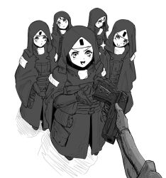 5girls bulletproof_vest coat go_do_a_crime_(meme) greyscale gun habit handgun meme monochrome multiple_girls nun original pouch smile sparkle tactical_clothes talos198 weapon