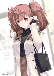 Rule 34 | 1girl, alternate costume, atlanta (kancolle), bag, blue sweater, blush, brown hair, earrings, hair ornament, jacket, jewelry, kantai collection, long hair, long sleeves, mikage takashi, necklace, ribbed sweater, ribbon, shoulder bag, single earring, solo, star (symbol), star earrings, sweater, turtleneck, turtleneck sweater, twintails, two side up, upper body