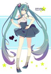 Rule 34 | 1girl, ahoge, dated, green eyes, green hair, hand on own hip, happy birthday, hatsune miku, long hair, matching hair/eyes, nail polish, necktie, smile, socks, solo, twintails, very long hair, vocaloid, yoshiki