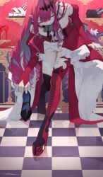 Rule 34 | 1girl, absurdres, baobhan sith (fate), baobhan sith (first ascension) (fate), boots, checkered floor, dress, fate/grand order, fate (series), frills, high heel boots, high heels, highres, long hair, looking down, nail polish, pink hair, platform footwear, pointy ears, red dress, red nails, shoes, signature, thighhighs, tsukino (nakajimaseiki)