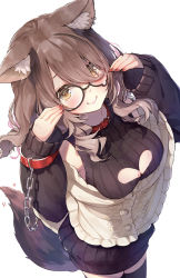 Rule 34 | 1girl, animal ear fluff, animal ears, beige cardigan, black-framed eyewear, black sweater, black thighhighs, breasts, brown eyes, brown hair, cardigan, chain, cleavage cutout, closed mouth, clothing cutout, collar, commentary request, detached sleeves, dress, ear piercing, eyes visible through hair, glasses, hands up, heart cutout, highres, light up, long hair, long sleeves, medium breasts, motion lines, nail polish, piercing, red collar, red nails, round eyewear, simple background, smile, solo, sweater, sweater dress, syuri22, tail, tail wagging, teardrop-framed glasses, thighhighs, virtual youtuber, white background, wolf ears, wolf girl, wolf tail, yuzuki uru
