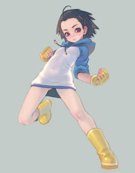 Rule 34 | 1girl, bandaid, black hair, boots, bottomless, clenched hands, dress shirt, fingerless gloves, flat chest, gloves, hair ornament, hairclip, hood, hoodie, navel, no pants, original, purple eyes, rubber boots, running, shirt, short hair, simple background, sleeves rolled up, solo, sweater, weno