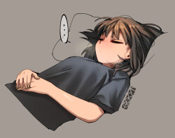 ... 1girl black_shirt breasts brown_hair closed_eyes commentary ergot fubuki_(kancolle) green_nails grey_background hands_on_own_stomach kantai_collection lying medium_breasts nail_polish on_back pillow shirt short_sleeves signature simple_background sleeping solo speech_bubble spoken_ellipsis symbol-only_commentary t-shirt