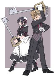 Rule 34 | 1boy, 1girl, alternate costume, alternate hairstyle, apron, back-to-back, black footwear, black hair, black pants, blonde hair, boots, bow, bowtie, bun cover, butler, buttons, fighting stance, formal, glasses, gloves, grey background, heart, hifumi (aiueonigiri), holding, holding weapon, keyblade, kingdom hearts, kingdom hearts 358/2 days, kingdom key, maid, maid apron, pants, roxas, scrunchie, short hair, simple background, spiked hair, vest, waistcoat, weapon, white background, white gloves, wrist scrunchie, xion (kingdom hearts)