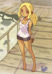 Rule 34 | 1girl, alternate costume, alternate hairstyle, arms behind back, barefoot, blonde hair, breasts, casual, cleavage, dark skin, dark-skinned female, full body, gravity daze, gravity daze 2, kitten (gravity daze), looking at viewer, oyster (artist), short shorts, shorts, small breasts, solo, tank top
