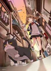 Rule 34 | 1girl, air conditioner, alley, animal, backpack, bag, balcony, black skirt, black socks, blue bow, blush, bow, bowtie, braid, brown hair, cat, commentary request, dusk, from below, hair bow, hazuki natsu, holding strap, jacket, lamppost, long hair, miniskirt, original, outdoors, plant, pleated skirt, potted plant, red bow, red bowtie, school uniform, shoes, skirt, socks, solo, sweater vest, trash can, twin braids, walking