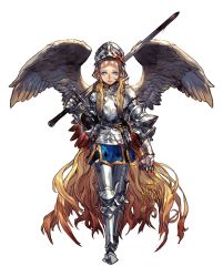 Rule 34 | 1girl, angel wings, armor, blonde hair, blood, blood on face, blood on clothes, bloody weapon, blue eyes, full body, helmet, highres, leeis cool, long hair, looking at viewer, original, simple background, solo, sword, very long hair, weapon, white background, wings