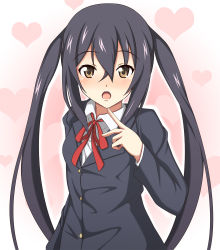 Rule 34 | 1girl, bad id, bad pixiv id, black hair, blush, brown eyes, finger to mouth, heart, k-on!, minatsuki nao, nakano azusa, open mouth, school uniform, solo, twintails, upper body