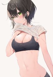 Rule 34 | 1girl, bad id, bad pixiv id, black hair, blush, breasts, cleavage, closed mouth, clothes lift, commentary request, green eyes, grey background, hair between eyes, hand up, highres, lifted by self, looking away, mafuyu (chibi21), medium breasts, navel, original, see-through, shirt, shirt lift, short hair, short sleeves, solo, sports bra, steam, sweat, twitter username, wet, wet clothes, wet shirt, white shirt