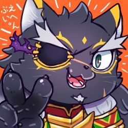 Rule 34 | 1boy, animal ears, bara, black fur, chibi, commentary request, eyepatch, facial hair, fangs, fire, flaming eye, forked eyebrows, furry, furry male, goatee, green eyes, happy aura, hiryuu (hiryuuuuuuuuu), jaguar boy, jaguar ears, long hair, male focus, notched ear, one eye covered, open mouth, orange background, portrait, purple fire, red pupils, scar, scar on face, scar on nose, simple background, smile, solo, tezcatlipoca (housamo), thick eyebrows, tokyo houkago summoners, translation request, v, whiskers